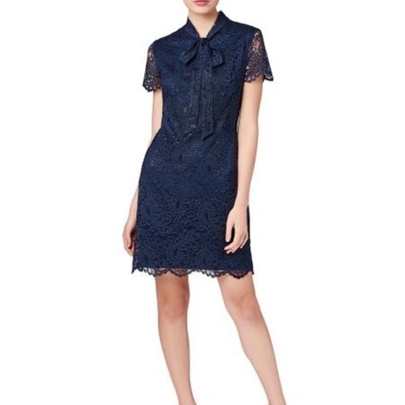 Betsey Johnson Size 12 Navy Blue Lace Necktie Bow Sheath Dress - Picture 1 of 6